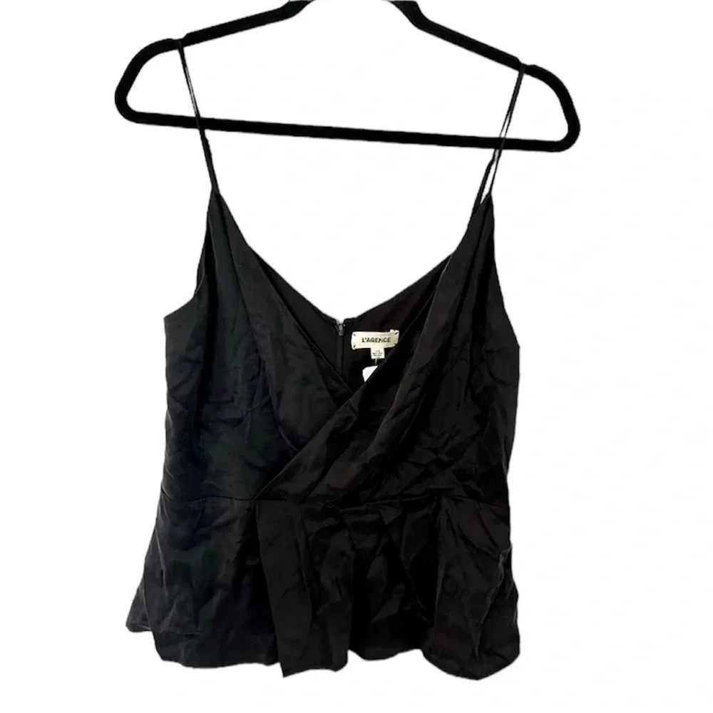 L’AGENCE Women’s Black Chiara Top 100% Silk Strappy Ruffle V-Neck Size L NWT